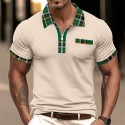 Men's Cotton Blend Polo Shirt Golf Shirt Casual Holiday Lapel Short Sleeve Fashion Basic Houndstooth Plaid / Check Patchwork Pocket Summer Regular Fit Dark Grey White Sky Blue Orange Khaki Cotton
