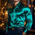 Men's Shirt Satin Shirt Casual Shirt Button Up Shirt Plain Wedding Vacation Black White Wine Navy Blue Long Sleeve Lapel Spring &  Fall Clothing Apparel