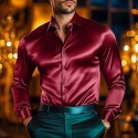 Men's Shirt Satin Shirt Casual Shirt Button Up Shirt Plain Wedding Vacation Black White Wine Navy Blue Long Sleeve Lapel Spring &  Fall Clothing Apparel