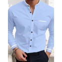 Men's Shirt Band Collar Shirt Dress Shirt Oxford Shirt Button Up Shirt Wedding Vacation White Navy Blue Gray Light Blue Long Sleeve Standing Collar Spring & Summer Clothing Apparel Front Pocket