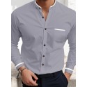Men's Shirt Band Collar Shirt Dress Shirt Oxford Shirt Button Up Shirt Wedding Vacation White Navy Blue Gray Light Blue Long Sleeve Standing Collar Spring & Summer Clothing Apparel Front Pocket