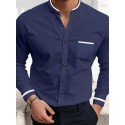 Men's Shirt Band Collar Shirt Dress Shirt Oxford Shirt Button Up Shirt Wedding Vacation White Navy Blue Gray Light Blue Long Sleeve Standing Collar Spring & Summer Clothing Apparel Front Pocket