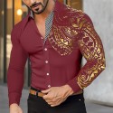 Men's Shirt Casual Shirt Button Up Shirt Bronzing Office & Career Wedding Party Black White Wine Red Long Sleeve Lapel Spring &  Fall Clothing Apparel Patchwork