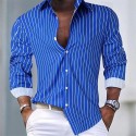 Men's Matching Sets Blue Shirt Button Up Shirt Casual Shirt Trousers Casual Pants Sets Long Sleeve Lapel Casual Daily Streetwear Stripes 2 Piece Polyester Spring &  Fall
