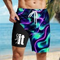 Men's Geometric Lines / Waves Neon Lined Shorts 2 in 1 Board Shorts Swim Shorts Mid Waist Hawaiian Holiday Side Pockets With Compression Liner Elastic Drawstring Waist Designer Clothing Apparel