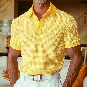 Men's Polo Shirt Waffle Polo Shirt Casual Holiday Lapel Ribbed Polo Collar Short Sleeve Fashion Basic Plain Button Soft Summer Spring Regular Fit White Yellow Burgundy Green Khaki Gray Polo Shirt