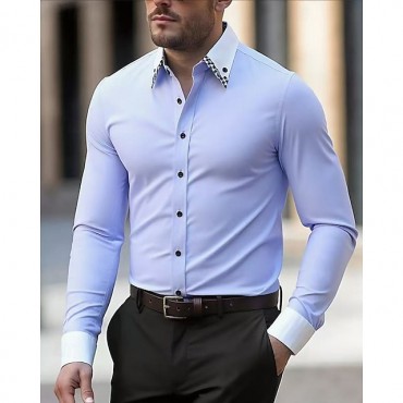 Men's Shirt Dress Shirt Button Up Shirt Color Block Wedding Party White Pink Blue Light Purple Long Sleeve Lapel Spring Fall Clothing Apparel Splice