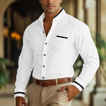 Men's Shirt Band Collar Shirt Dress Shirt Button Up Shirt Oxford Shirt Patchwork Wedding Vacation Light Blue White Navy Blue Gray Long Sleeve Standing Collar Spring & Summer Clothing Apparel Front