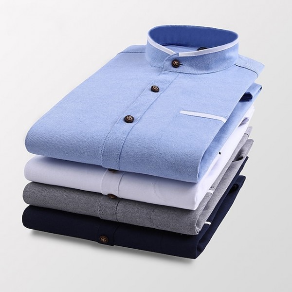 Men's Band Collar Shirt Dress Shirt Oxford Shirt Solid / Plain Color Wedding White Blue Gray Light Blue Long Sleeve Standing Collar Spring &  Fall Clothing Apparel