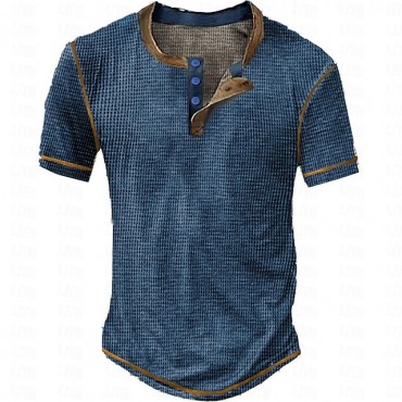 Men's Waffle Henley Shirt Tee Plaid Checkered Henley Outdoor Casual Short Sleeve Button Clothing Apparel Polyester Fashion Designer Comfortable