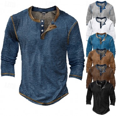 Men's T Shirt Henley Shirt Waffle Knit Tee Tee Top Long Sleeve Shirt Long Sleeve Color Block Fashion Designer Basic Patchwork Henley Vacation Street Going out Spring &  Fall Black White Blue Henley