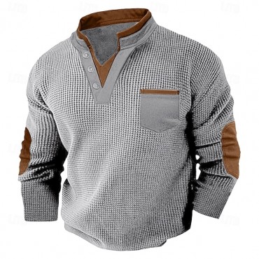 Men's Waffle Tee Waffle Henley Shirt Long Sleeve V Neck Spring &  Fall Solid Color Fashion Basic Fake two piece Street Casual Sports Black Navy Blue Light Grey Top Tee for Men