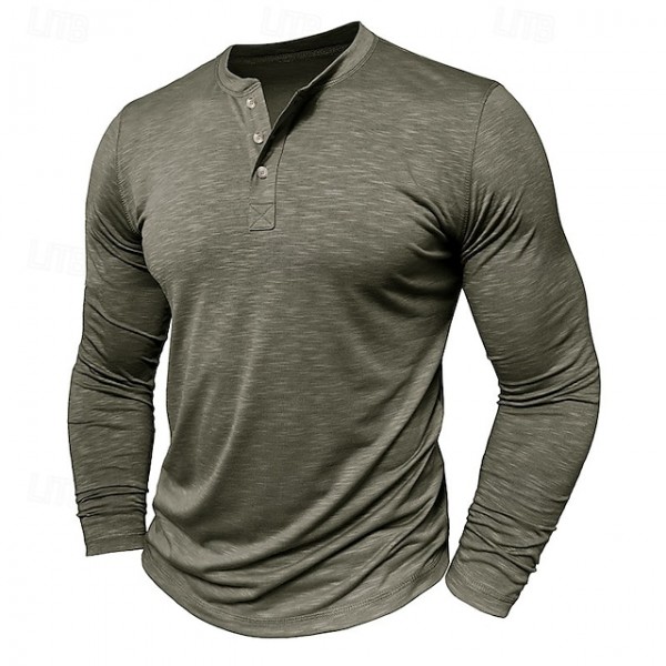 Men's Henley Shirt Tee Top Long Sleeve Solid Color Fashion Daily Buttons Henley Outdoor Street Causal Summer Army Green Black White Henley T-Shirt