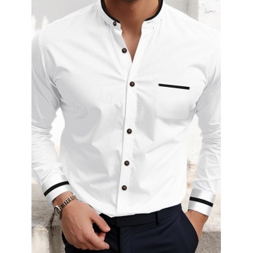 Men's Shirt Band Collar Shirt Dress Shirt Oxford Shirt Button Up Shirt Wedding Vacation White Navy Blue Gray Light Blue Long Sleeve Standing Collar Spring & Summer Clothing Apparel Front Pocket