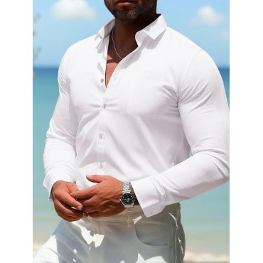 Men's Casual Summer T Shirt Casual Shirt Standard Fit Long Sleeve Lapel Solid Color Polyester Black White Pink 2025