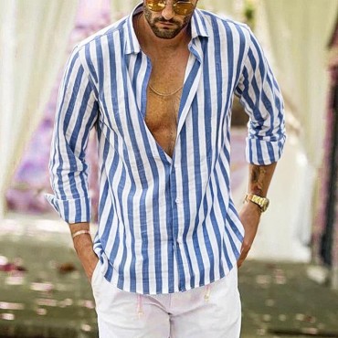 Men's Shirt Linen Shirt Summer Shirt Casual Shirt Beach Shirt Button Up Shirt Striped Vacation Holiday Black Yellow Pink Red Long Sleeve Turndown Spring &  Fall Clothing Apparel Button-Down