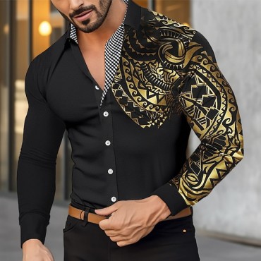 Men's Shirt Casual Shirt Button Up Shirt Bronzing Office & Career Wedding Party Black White Wine Red Long Sleeve Lapel Spring &  Fall Clothing Apparel Patchwork