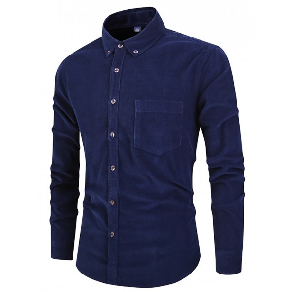 Men's Casual Shirt Corduroy Shirt Button Up Shirt Plain Vacation Daily Wear Dark Brown Navy Blue Coffee Long Sleeve Square Neck Summer Clothing Apparel Pocket