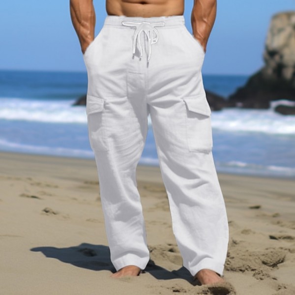 Men's Cargo Pants Trousers Summer Pants Beach Pants Drawstring Multi Pocket Straight Leg Plain Comfort Breathable Outdoor Daily Going out Fashion Casual Black White