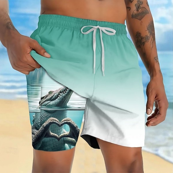 Men's Animal Crocodile Funny Lined Shorts 2 in 1 Board Shorts Swim Shorts Mid Waist Hawaiian Vacation Beach Wear Side Pockets With Compression Liner Elastic Drawstring Waist Designer Clothing Apparel