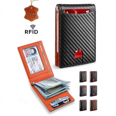 Men's RFID-Blocking Wallet Premium Cowhide Leather with Slim Design, Multiple Card Slots, and Cash Compartment for Travel and Everyday Use Color Black orange