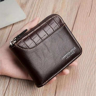 Men's Faux Leather Bifold Wallet Vintage Style Zipper Coin Purse with Card Slots, Compact Design for Business & Casual Use
