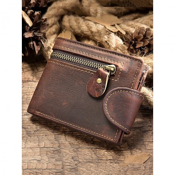 Men's Vintage Brown Leather Wallet with Zipper Pocket and Snap Closure Stylish Bifold Wallet for Everyday Use