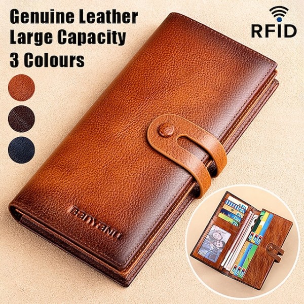 Men's Genuine Leather Long Wallet Vintage Bifold Clutch with Card Slots & Coin Pocket for Business & Casual Use