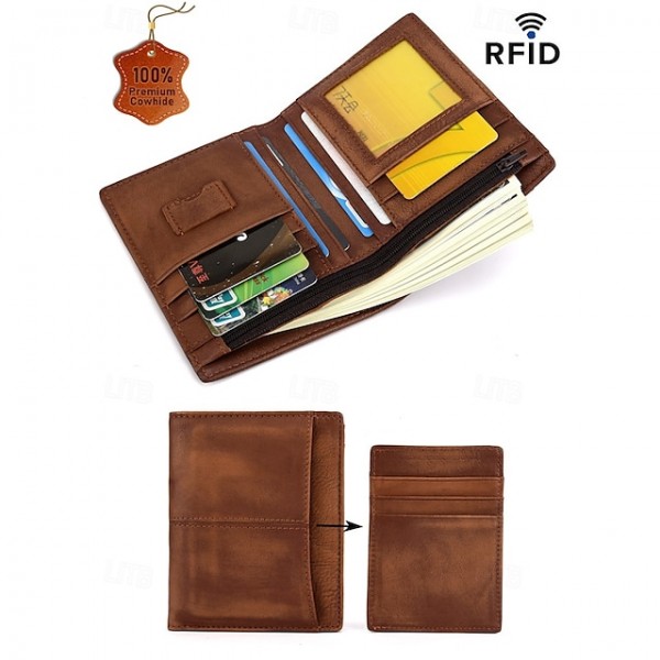 Men's RFID Blocking Bifold Wallet with Removable Card Holder 100% Premium Cowhide Leather, Multi-Card Organizer, Classic Brown Style for Daily Use & Ideal Father's Day Gift