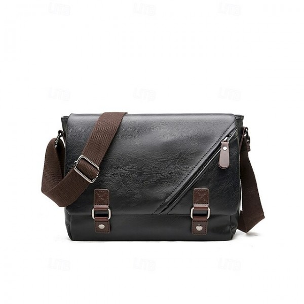 Men's Faux Leather Messenger Bag Vintage Business Shoulder Bag with Adjustable Strap and Buckle Detail, Professional Briefcase for Office, Work and Travel